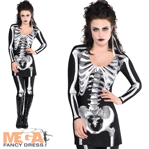 Ladies Bare Bones Skeleton Halloween Skull Fancy Dress Costume