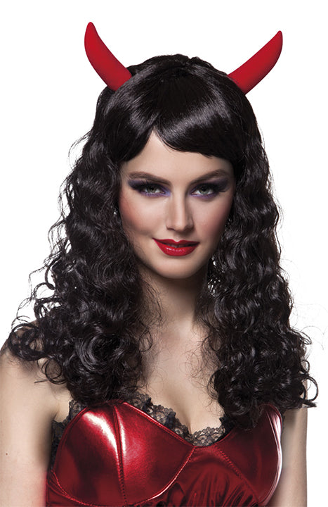 Ladies Halloween Black Anger Wig with Devil Horns Costume Accessory