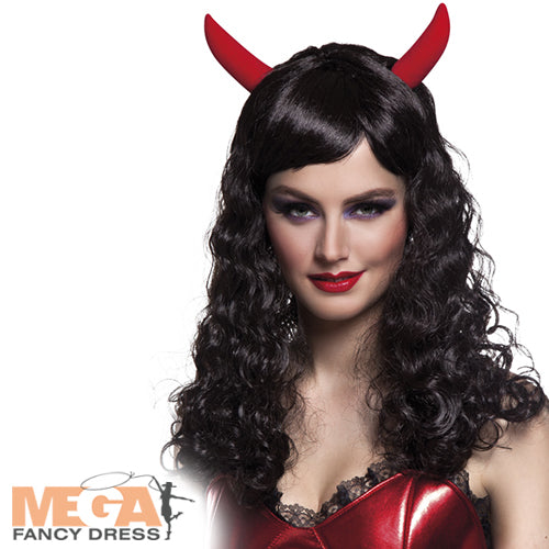 Ladies Halloween Black Anger Wig with Devil Horns Costume Accessory