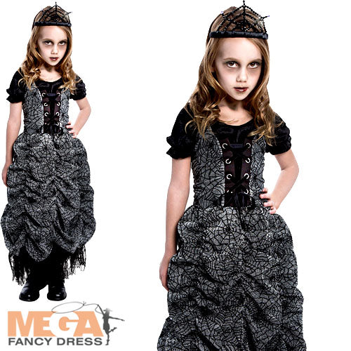 Girls Halloween Spooky Spider Web Coffin Princess Fancy Dress Costume