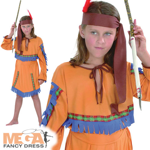 Girls Red Indian Wild West Pocahontas Fancy Dress Costume