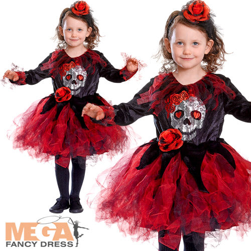 Girls Skull Tutu Halloween Skeleton Rose Fancy Dress Costume