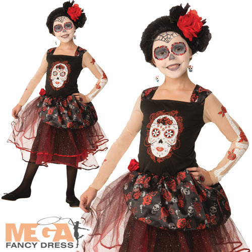 Girls Rose Senorita Mexican Day Of The Dead Skeleton Fancy Dress Costume