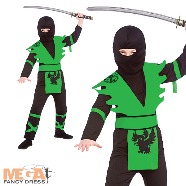 Boys Green Ninja Assassin Warrior Fancy Dress Costume