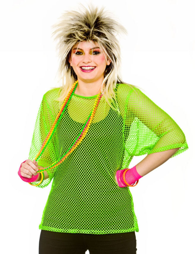 Ladies 80s Neon Green Mesh Top Pop Star Punk Fishnet Costume Top