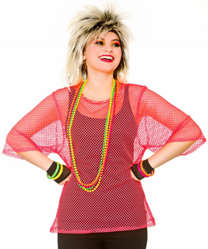 Ladies 80s Neon Pink Mesh Top Pop Star Punk Fishnet Costume Top