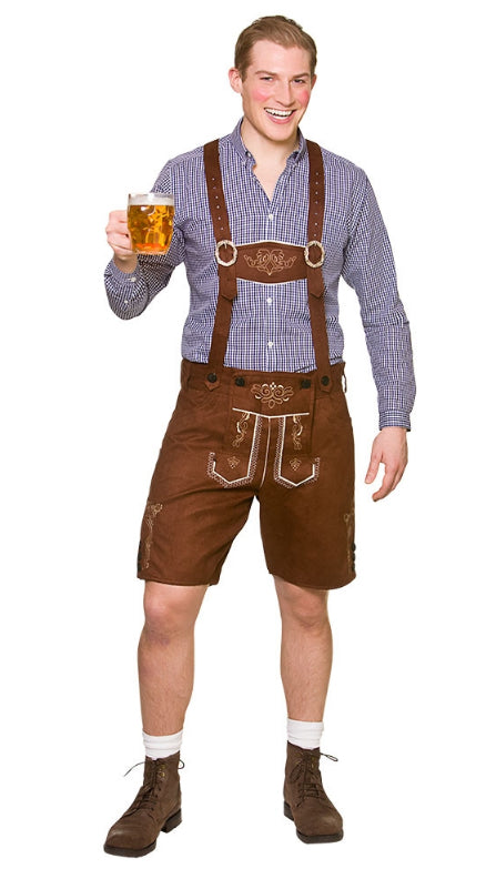 Mens Brown Lederhosen Oktoberfest Fancy Dress Faux Suede Bavarian Adults Costume
