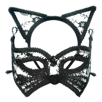Ladies Lace Cat Mask Masquerade Ball Fancy Dress Set
