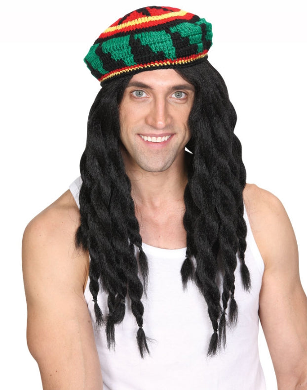 Men's Deluxe Knitted Rasta Hat & Wig Fancy Dress Jamaican Costume Accessory