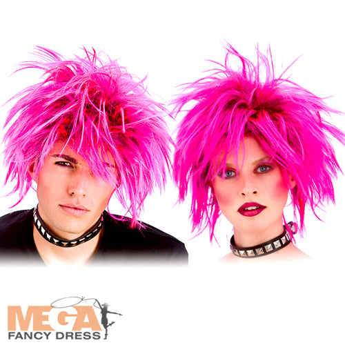 Adults 80s Pink Punk Rock Wig 1980s Costume Mega Fancy Dress UK