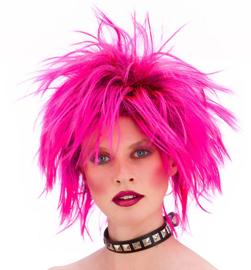 Adults 80s Pink Punk Rock Wig 1980s Costume Mega Fancy Dress UK