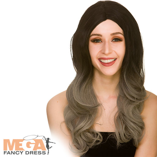 Ladies Halloween Black & Grey Ombre Glamour Wig Fancy Dress Costume Accessory