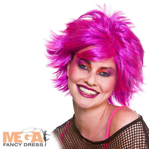 Ladies Pink 80s Chic Wig 1980s Punk Rocker Fancy Dress Costume Accessory