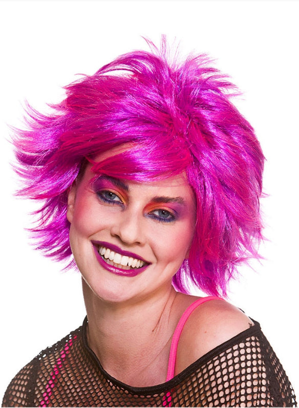 Ladies Pink 80s Chic Wig 1980s Punk Rocker Fancy Dress Costume Accessory