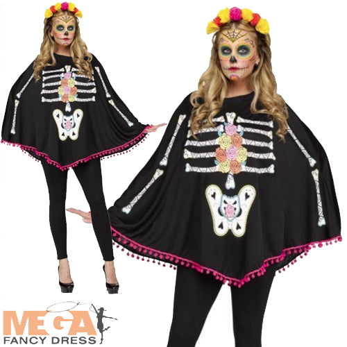 Adults Day Of The Dead Halloween Poncho Costume