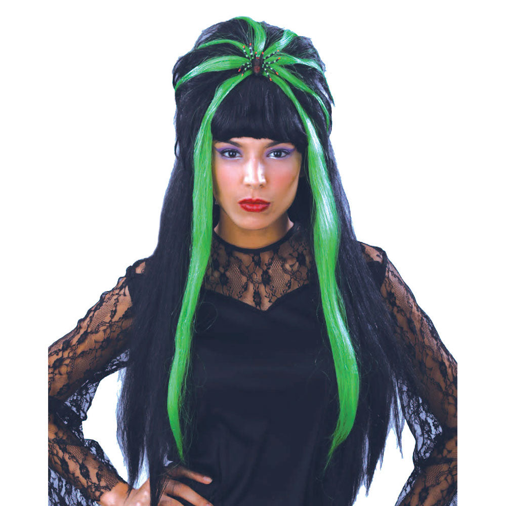 Ladies Spiderella Black & Green Gothic Halloween Wig