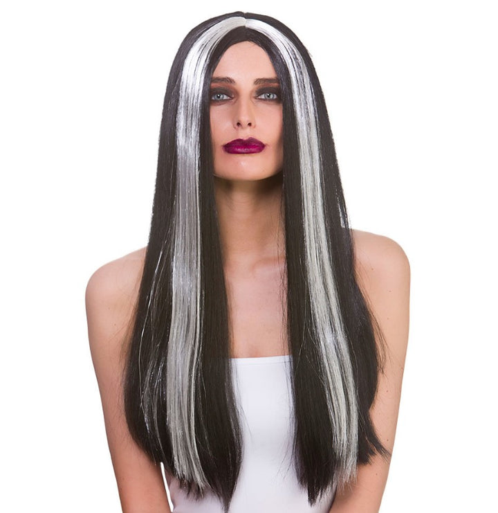 Classic Long Black Silver Wig Elegant Hairpiece