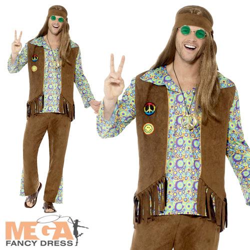 1960s Hippie Men's Costume with Trousers, Top, Waistcoat