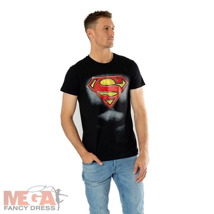 Mens Black Superman T-Shirt DC Superhero Costume