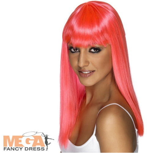 Ladies Long Neon Pink Glamourama Wig 1980s Fancy Dress Costume