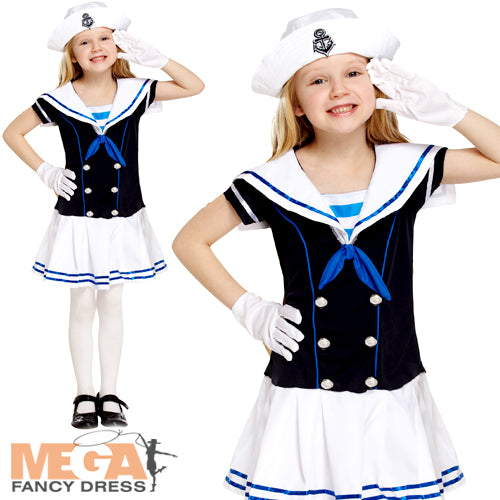Girls Sailor Fancy Dress Marine Navy Uniform Costume + Hat