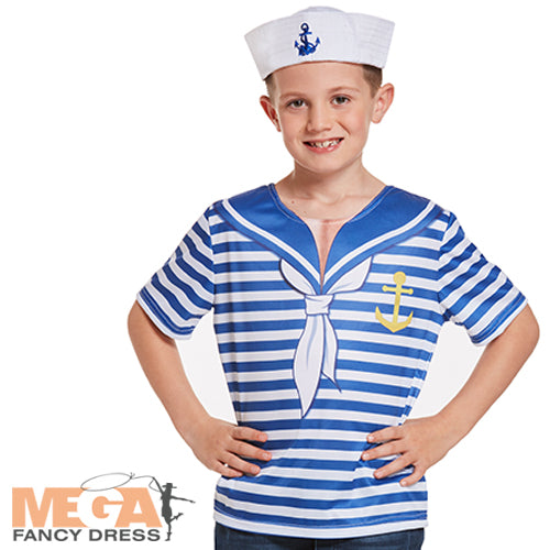 Boys Sailor T-Shirt Nautical Navy Seaman Fancy Dress Costume Accessory