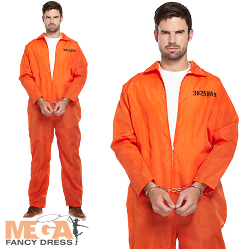 Men's Orange Prisoner Boiler Suit Convict Overalls Fancy Dress Costume