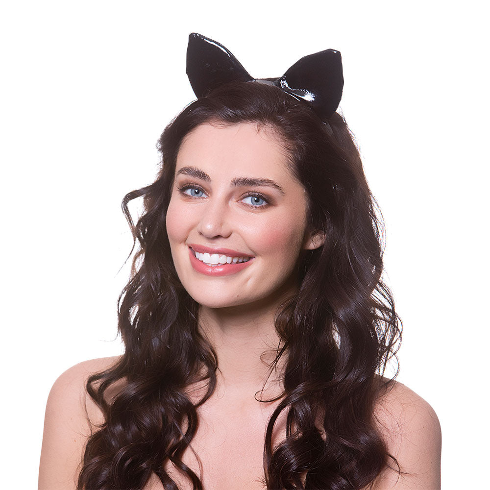 Ladies Animals Black PVC Cat Ears Fancy Dress Costume Accessory
