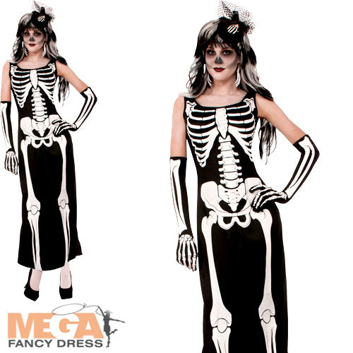 Skeleton Long Dress Ladies Costume Spooky Outfit