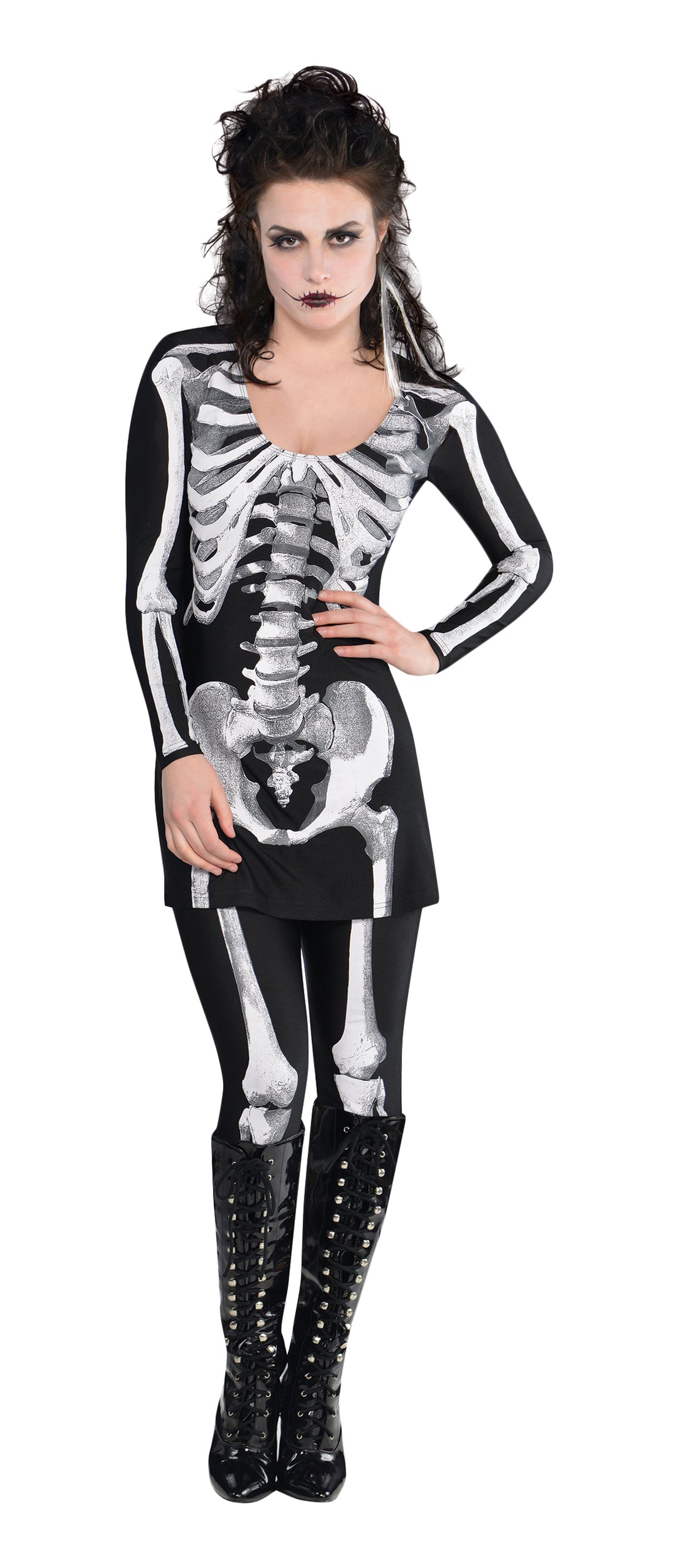 Ladies Bare Bones Skeleton Halloween Skull Fancy Dress Costume