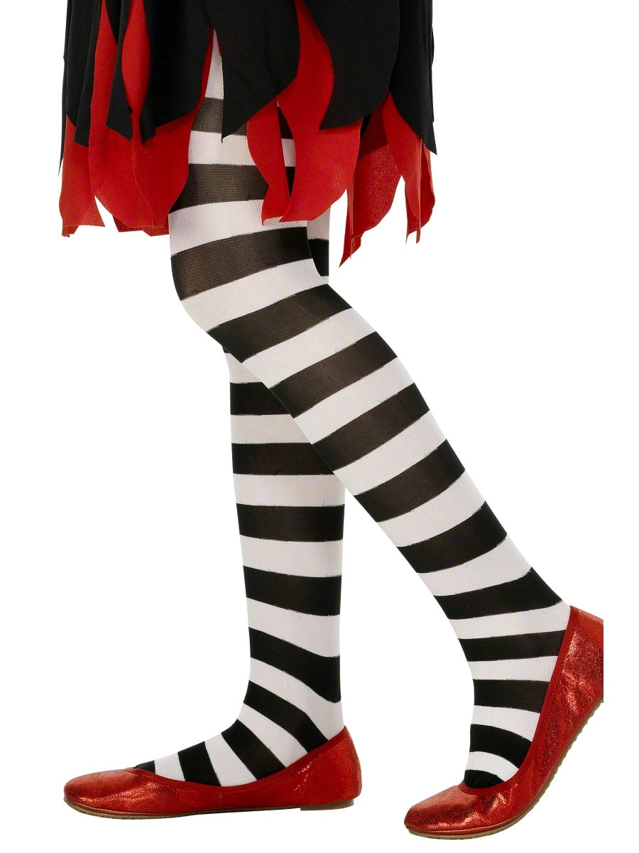 Girls Black and White Striped Tights Costume