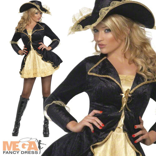 Ladies Fever Swashbuckler Pirate Black and Gold Fancy Dress Costume Hat