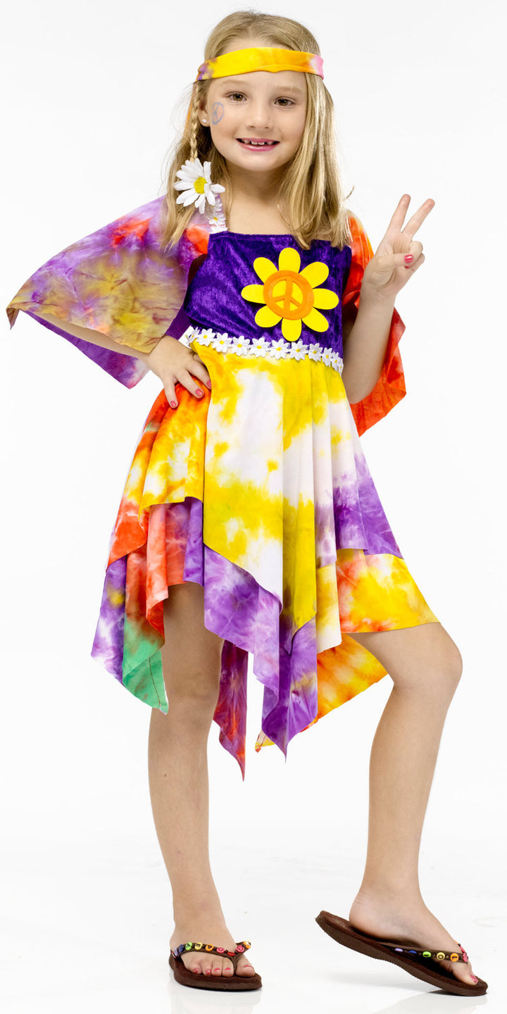 Girls 1960s Groovy Tie Dye Daisy Hippie Fancy Dress Costume