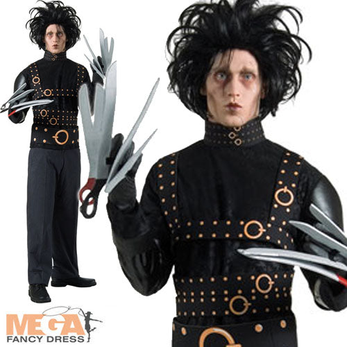 Men's Edward Scissorhands Halloween Fancy Dress 1980s Movie Costume + Wig