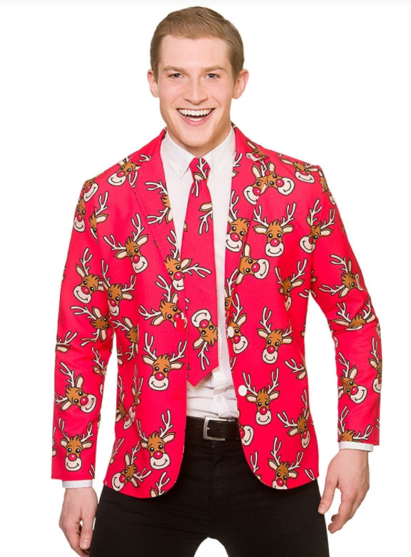 Mens Fun Reindeer Christmas Jacket & Tie Costume