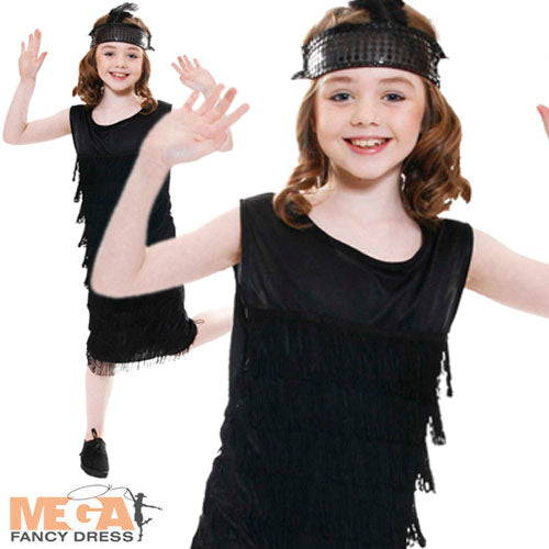 Girls Black Flapper Fancy Dress 1920s Party Costume