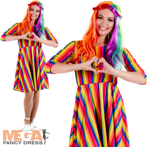 Ladies 70s Rainbow Disco 1970s Groovy Retro Costume