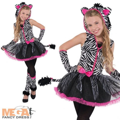 Girls Sassy Stripes Zebra Halloween Fancy Dress Costume