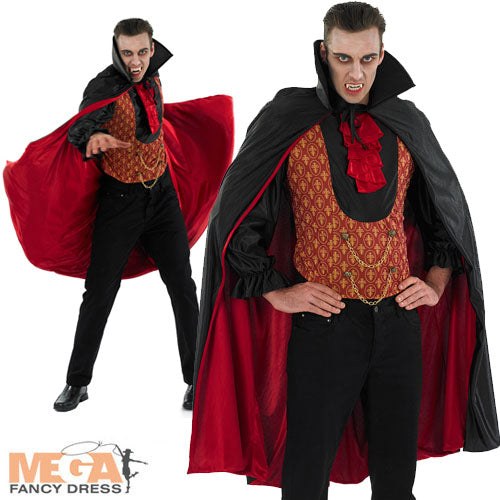 Mens Count Dracula Halloween Vampire Fancy Dress Costume + Cape